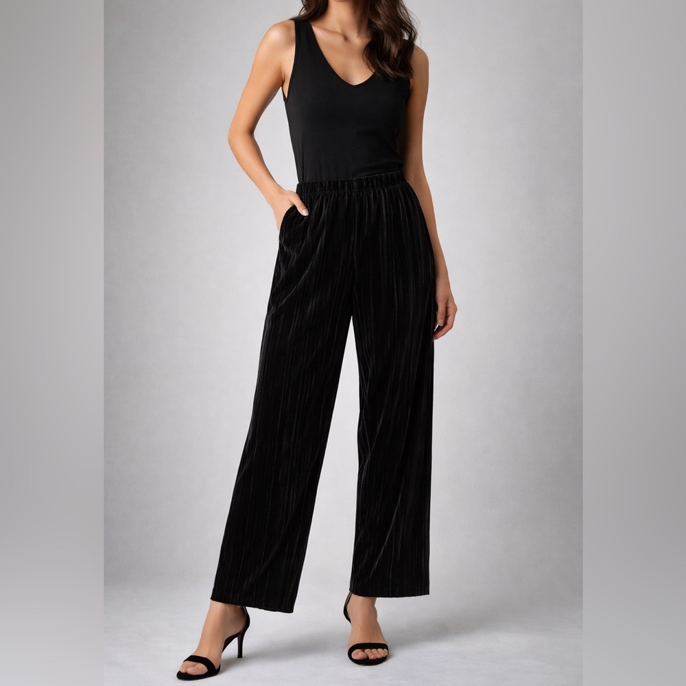 Armani Jeans Black Plisse Velvet Wide Leg Pants 6Y5P92 5JBTZ XS